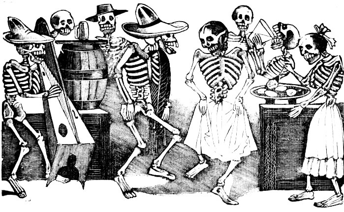 An engraving of partying calacas by José Guadalupe Posada