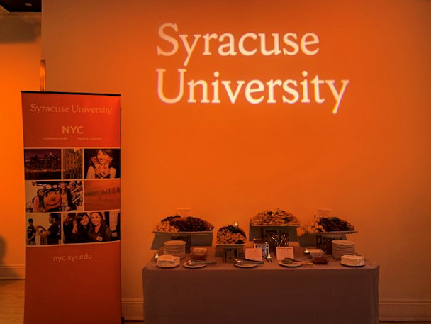 Snack table with logo on wall