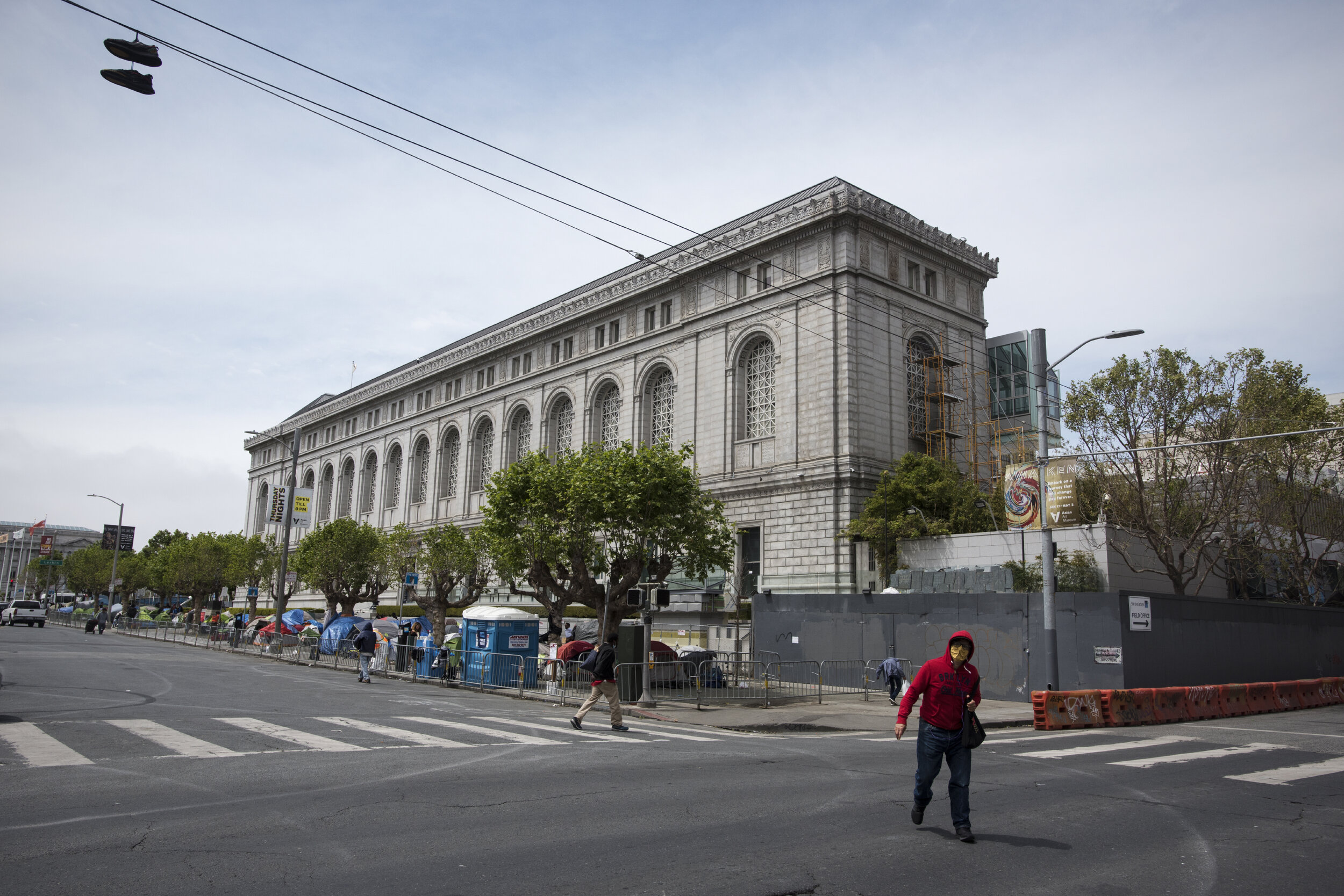  About 70 tents suddenly moved in around the Asian Art Museum when SF govt allowed camping in certain parts of Civic Center in late April to ease crowding on the streets enabled by the pandemic shutdown.  This lasted until the Fulton St camp opened u
