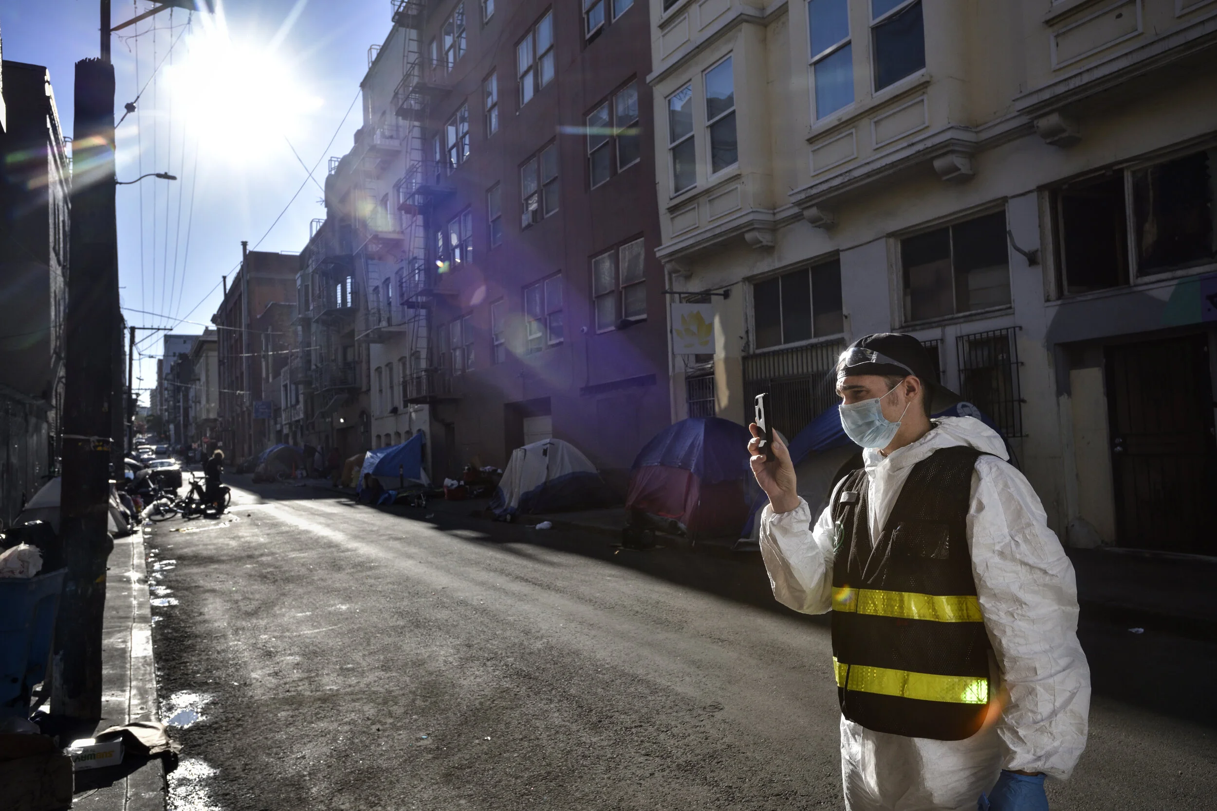  B works for Urban Alchemy, which started providing portable toilets in San Francisco’s Tenderloin District after Covid19 started affecting the city.  One of the responsibilities, he says, is to make sure drug users who use the facilities don’t overd