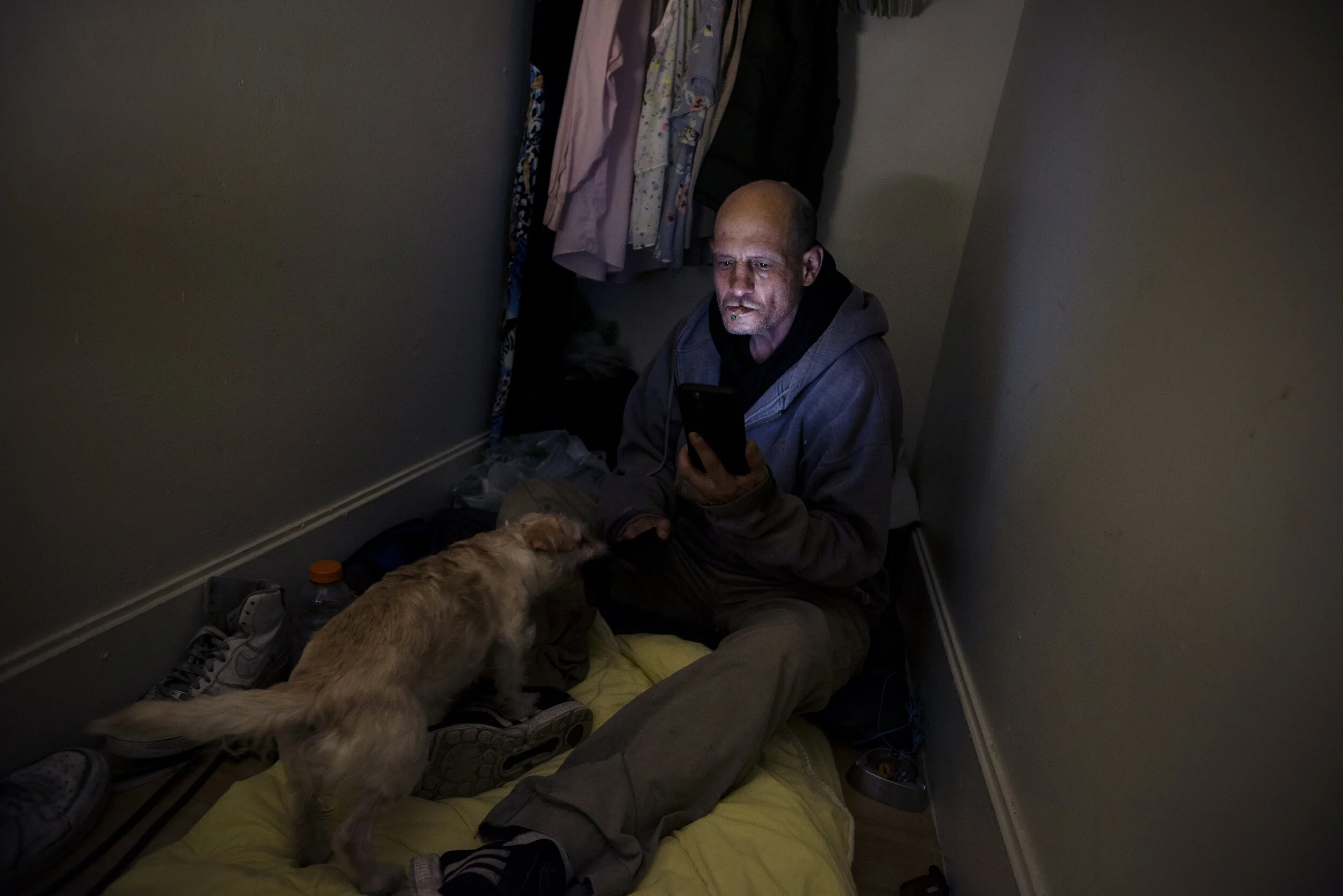  J has been on and off the San Francisco streets for years. At the beginning of the shutdown he was able to stay in a friend's one bedroom apartment, which is now crowded with two more people. John sleeps on the floor in closet. When things were open