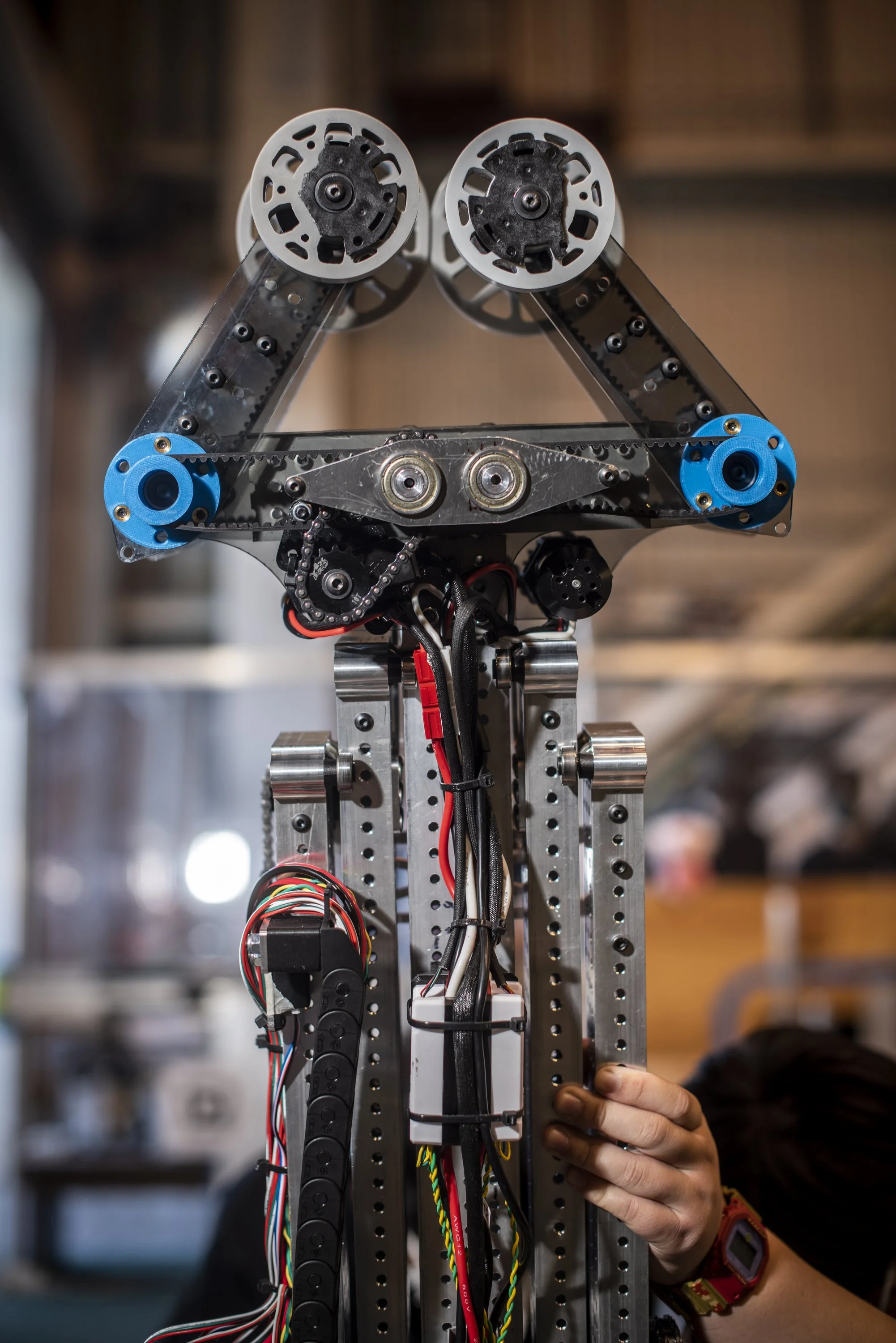  Close up of the cone pickup and placement arm of the Mitty High School Robotics Team 1251 TKO robot. 