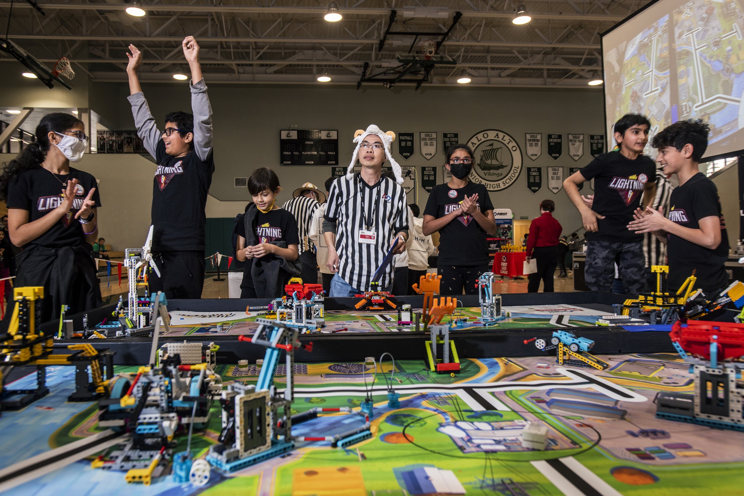 The elementary school level feeder into the FIRST Robotics world is the FIRST Lego League, whose shoebox-sized robots compete on table top fields as opposed to FRC’s washing machine-sized robots competing on basketball courts. 