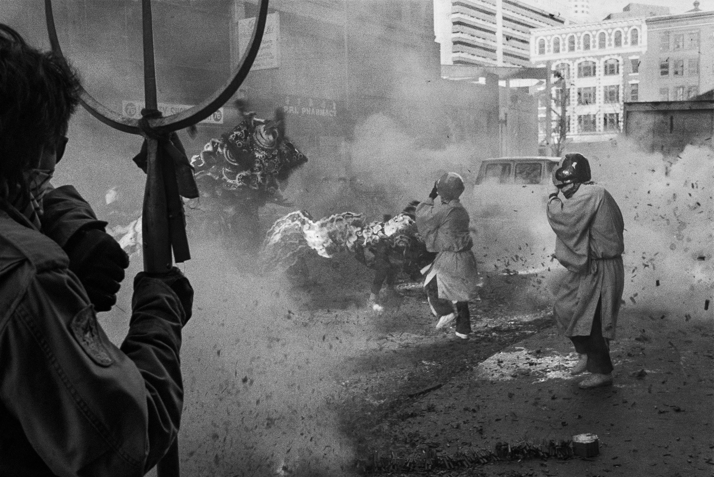  Boston, 1988.  Lion dancers perform in Chinatown for the Lunar New Year 