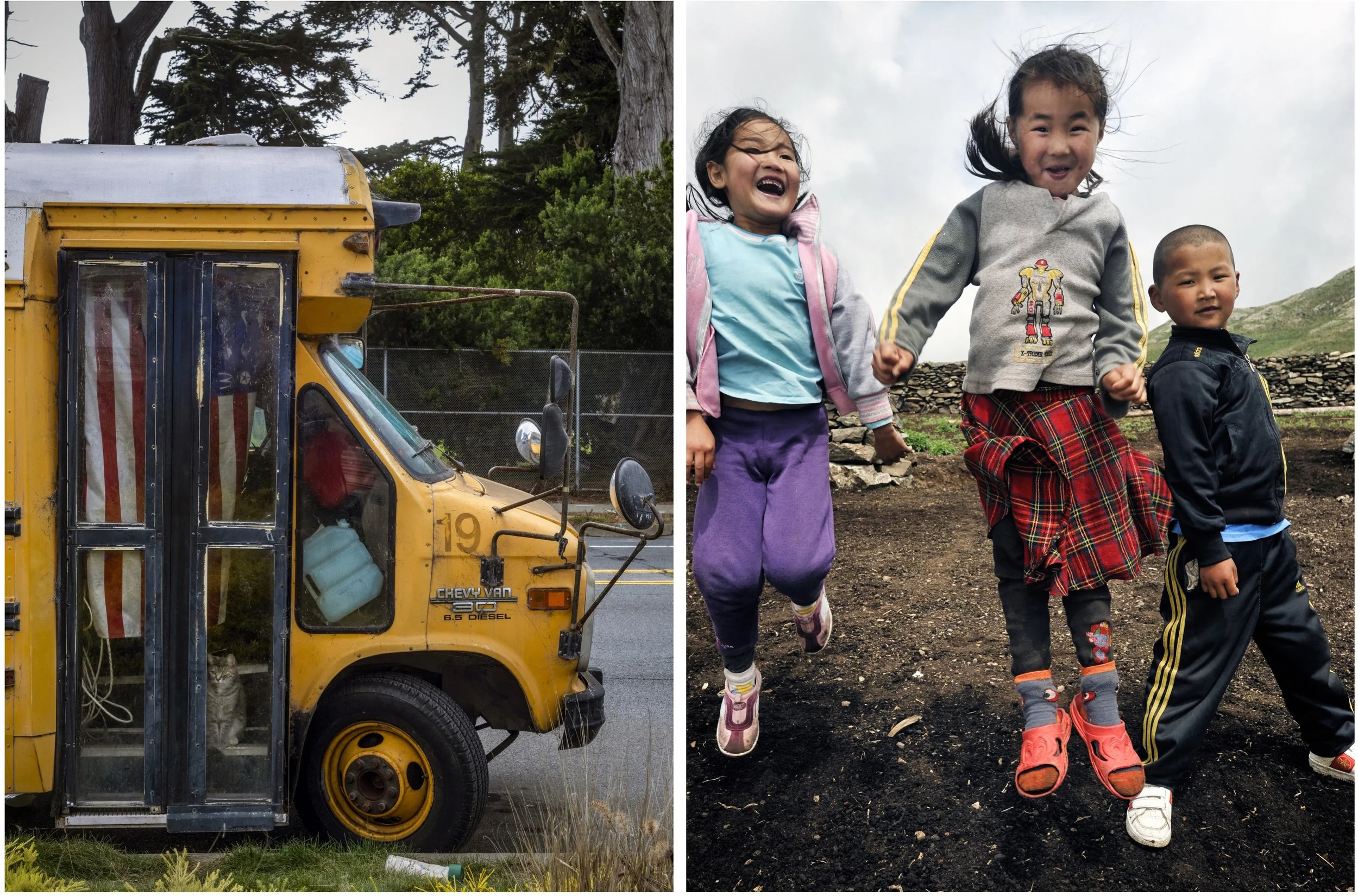  Le Parisien.  Unhoused school bus dwelling.  San Francisco, California  National Geographic.  Nomad children.  Mongolia 