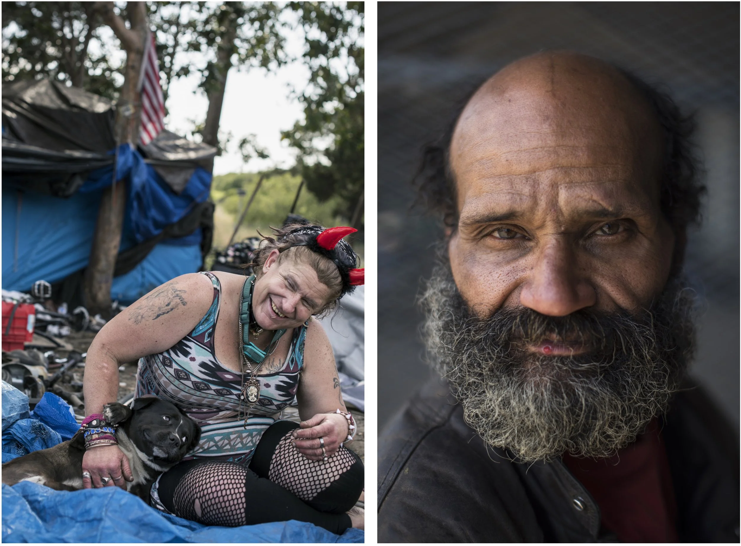  National Geographic Emergency Fund.  Blossom in her encampment off the freeway.  Berkeley, California  National Geographic Emergency Fund.  Dart, a trained hydrogeological engineer, lived on the street for many years before he received housing in 20
