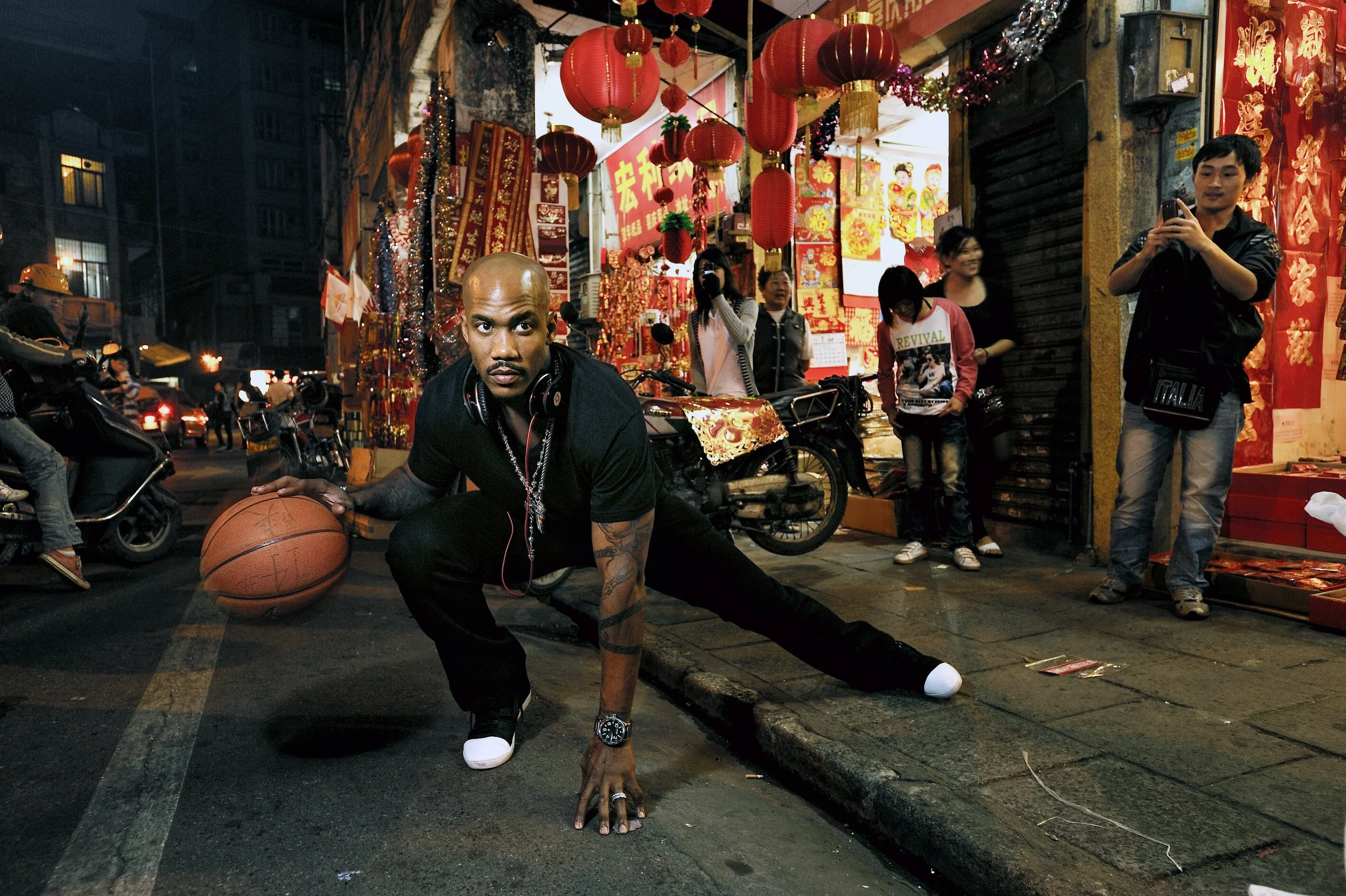  2010, Foshan.  Former NBA star Stephon Marbury on the streets of the city where he signed with the local China Basketball Association team, the Dragon Lions 