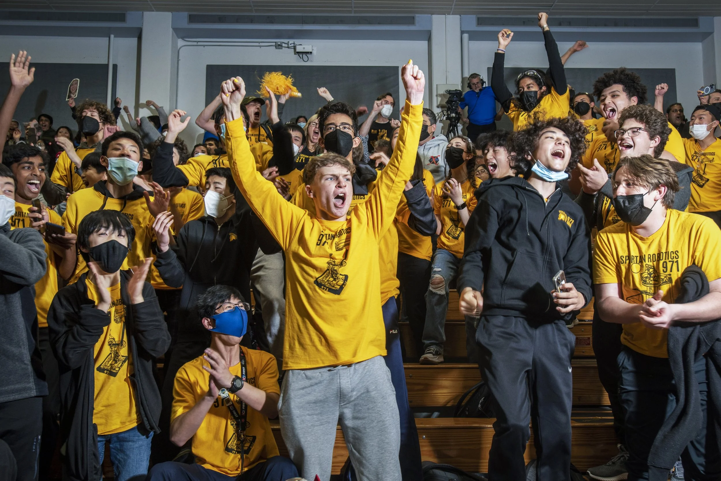 San Francisco, 2023. Mountain View High School Team 971 Spartan Robotics explode in joy and excitement the moment they know they have won the 2023 San Francisco Regional and qualified for the World First Championship in Houston.  