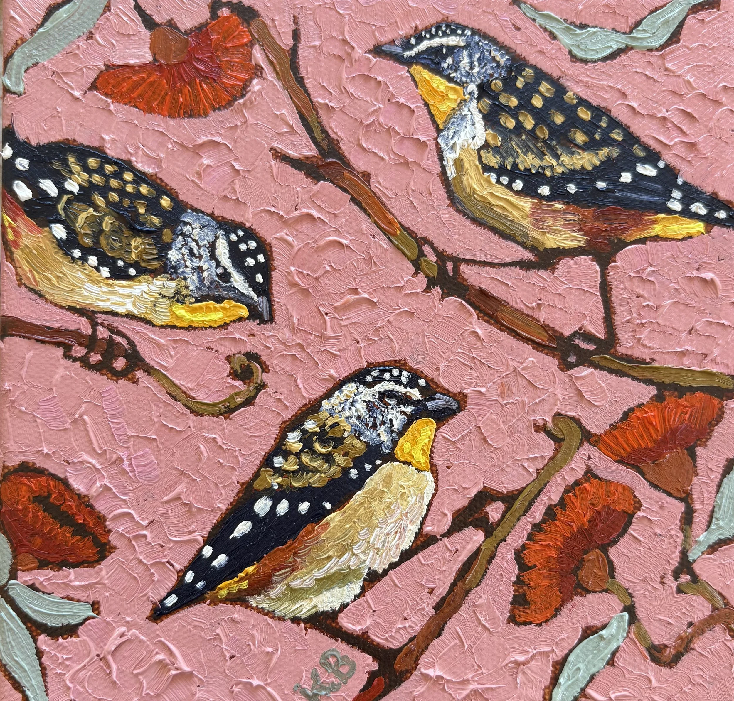 Zebra Finches.18x18cm, oil on canvas, framed in oak.jpg
