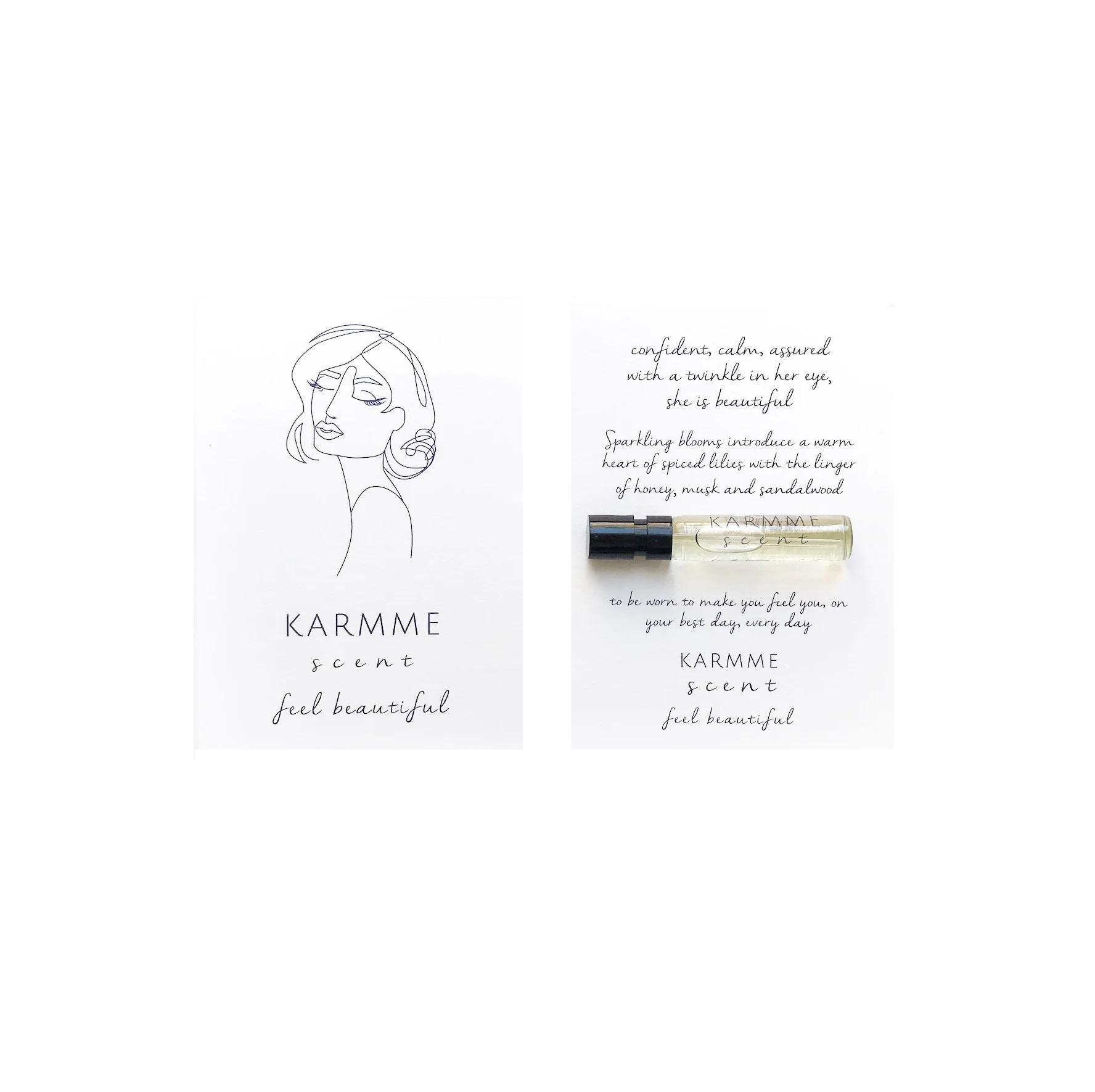 A sketch of a woman with the slogan of the fragrance KARMME Scent next to a sample bottle of the fragrance