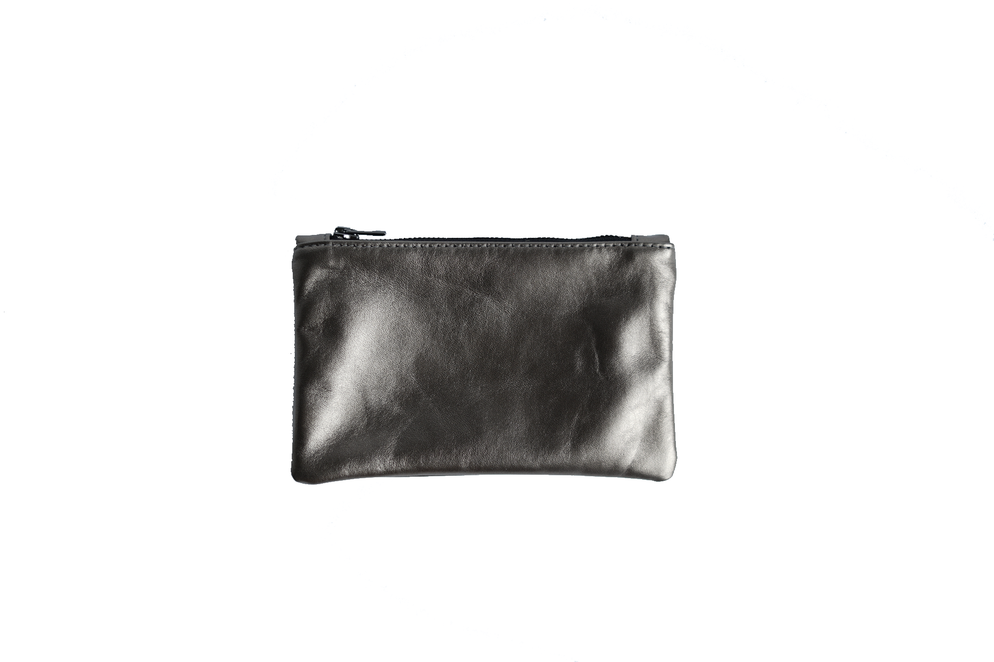 Grey metallic KARMME leather mini purse model Storm in front of a white background