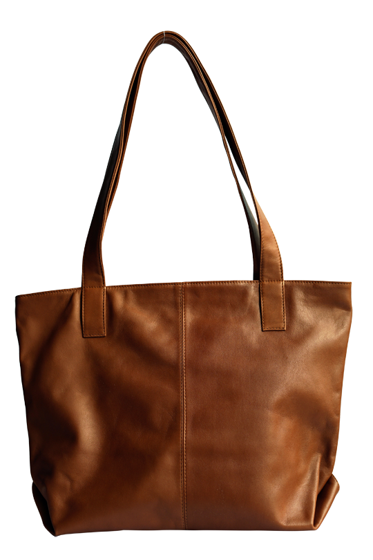 Dark brown leather tote bag with long straps in front of a white background