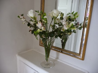 Vase 2 - I separated the white freesias and roses into this delicate glass vase