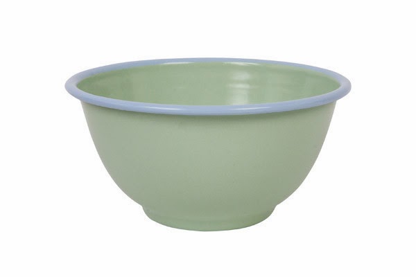 You can never have too many enamel bowls. These come in 4 colours - green/pale blue, white/blue, yellow/grey and pale blue/pink. They also have enamel beakers in the same colours.