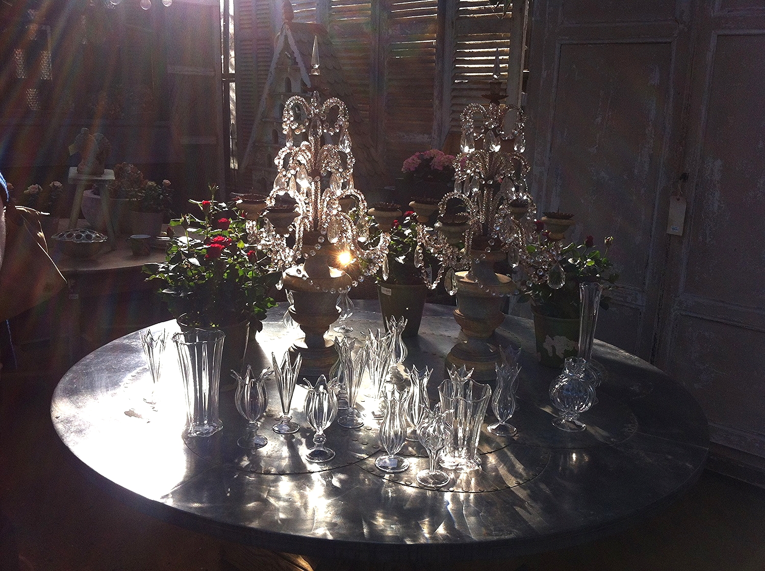  I loved the sunlight on these vintage candelabra and red rose plants 