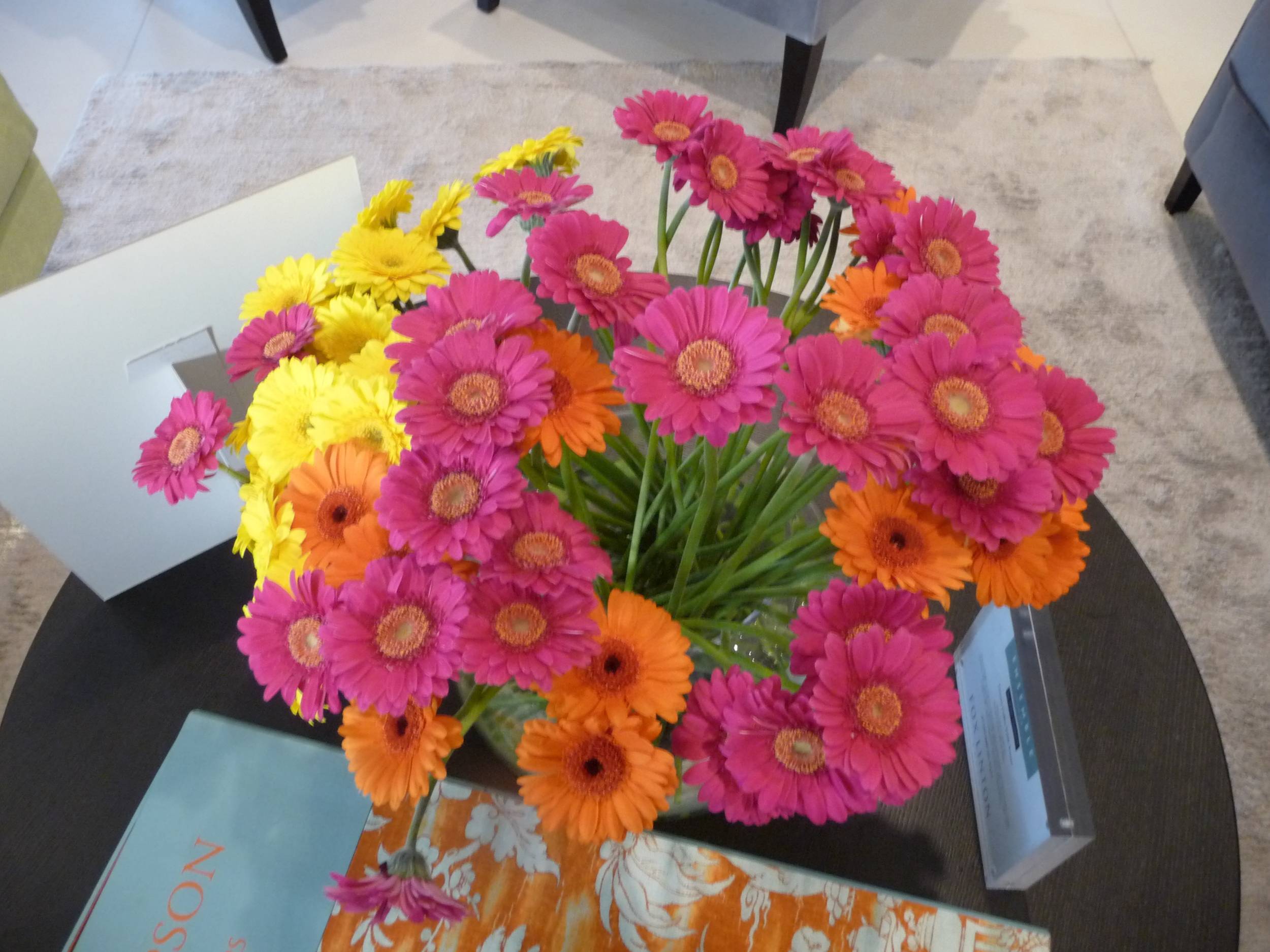  A vase of colourful gerbera in the Fox Linton showroom 