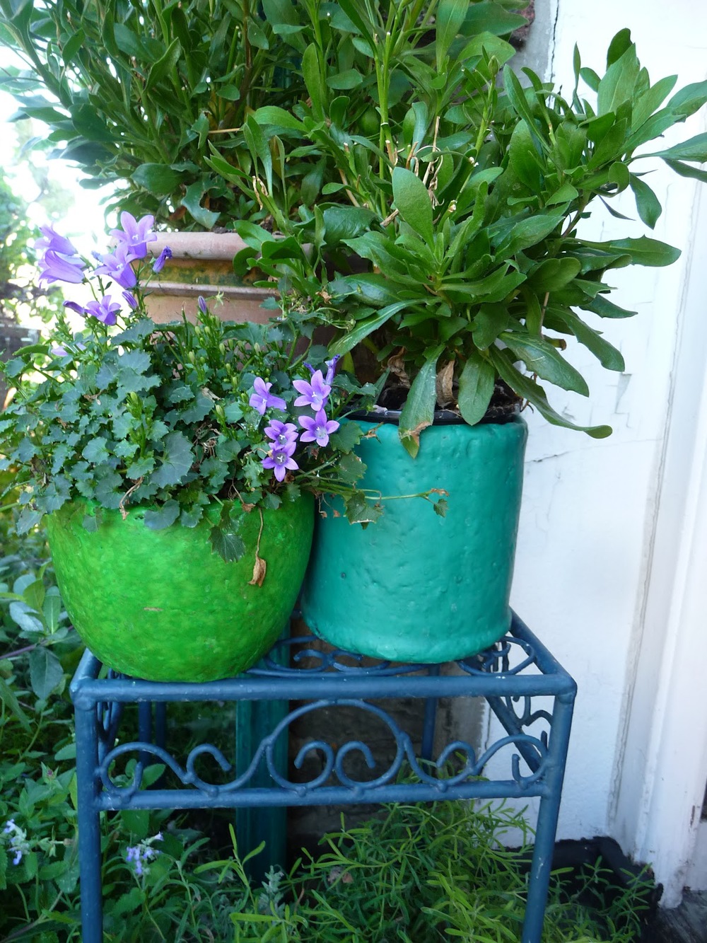 A couple of plant pots and metal table - all very ' cheap and cheerful' buys. T he pot on the left I painted in Annie Sloan's Antibes Green + dark wax, the one on the left in 'Florence'. The little table in Aubusson Blue.