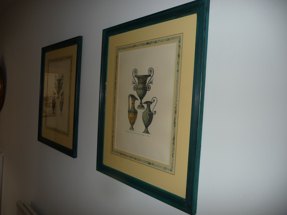 Two charity shop prints with ghastly gilt frames now painted in Aubusson Blue.