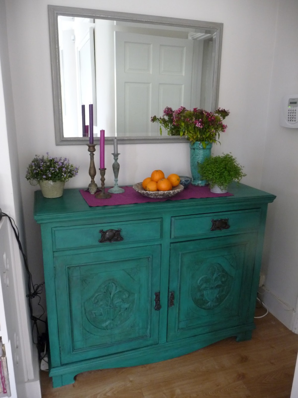 Mahogany sideboard painted in two coats of Aubusson Blue and one coat of Florence plus clear and dark wax.