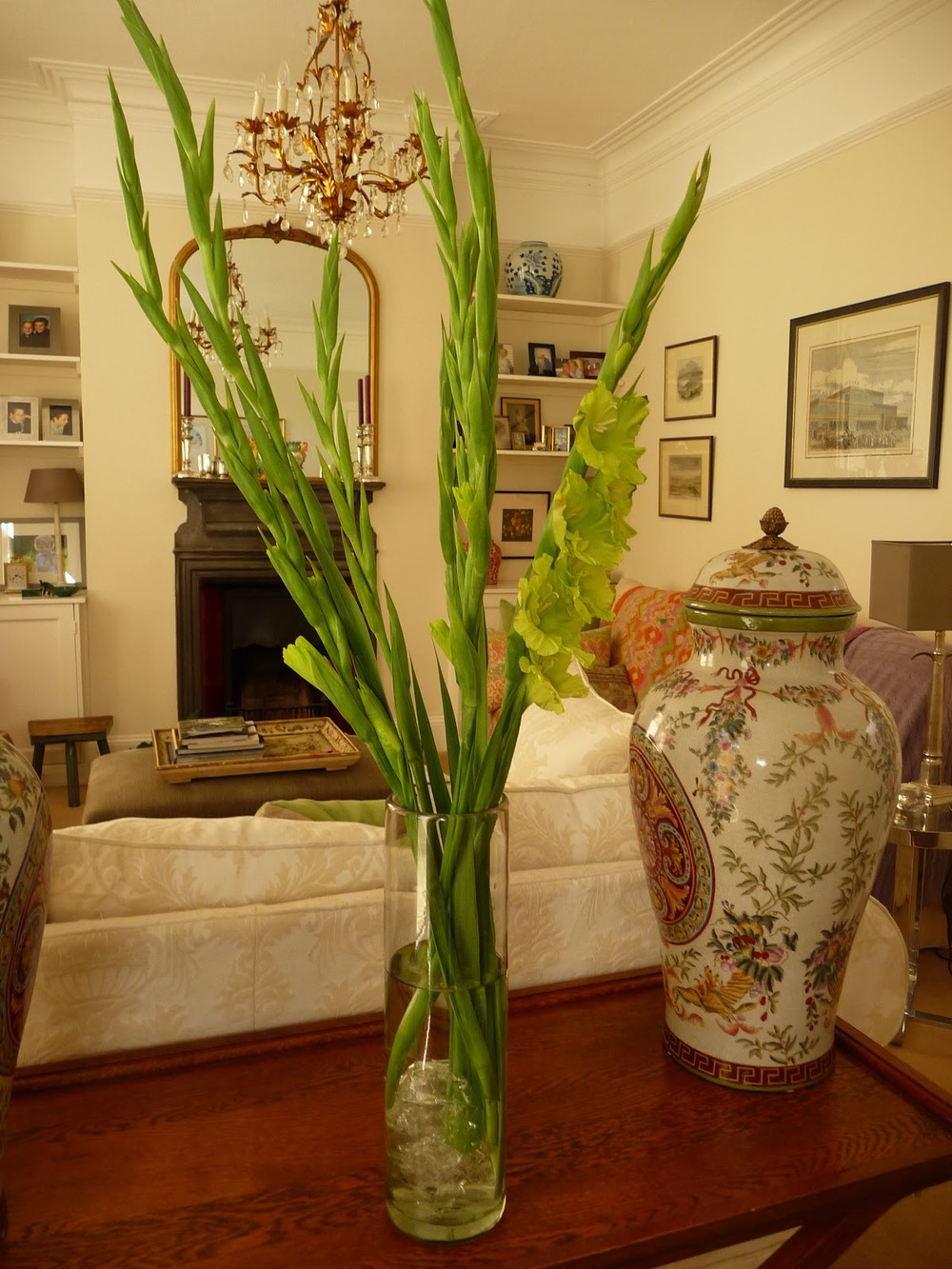 This bunch cost £2.99 and I'll get a week out of them - keeping direct sunlight off them. Love the lime green colour and the tall thin shape of them contrasts well with the large round chinese vases.