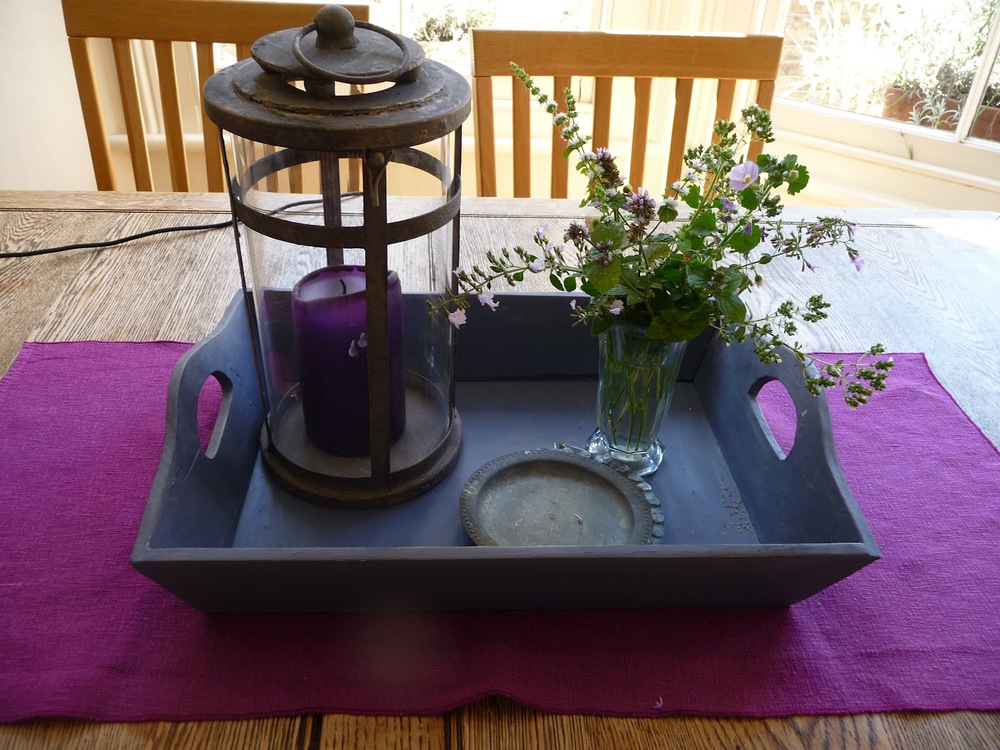 Delicate sprigs of herb flowers on the kitchen table. I painted this tray in Annie Sloan 'Old Violet.