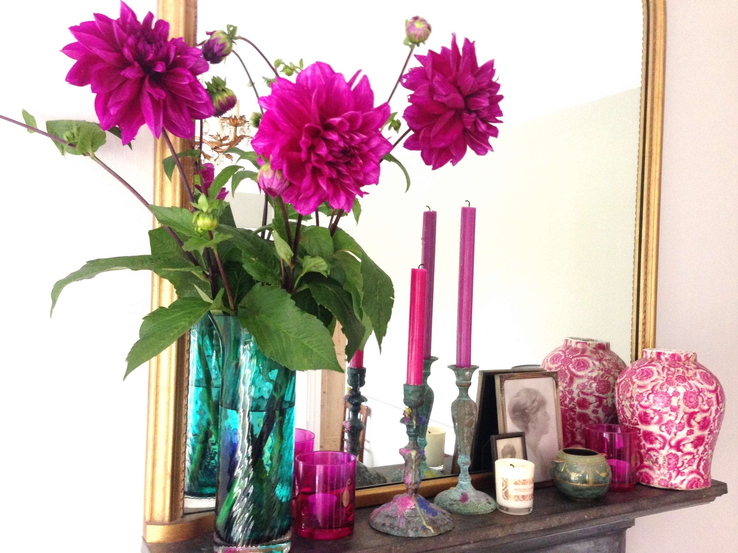  The dahlias in situ on my mantlepiece. Aren't they divine? 