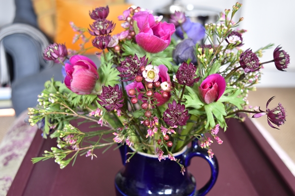  This is a little vintage jug of anemones enhanced with off-shoots from long stems of wax flowers and Ericas that I bought to fill some vintage bottles 