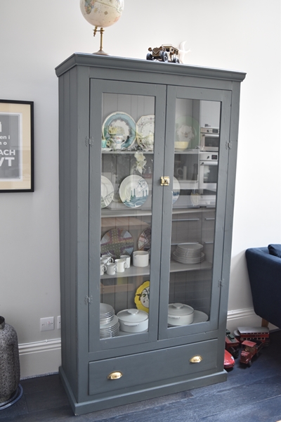  Upcycled glazed cabinet from local interiors shop, Quirky Dovetail, painted in Farrow &amp; Ball 'Downpipe' 