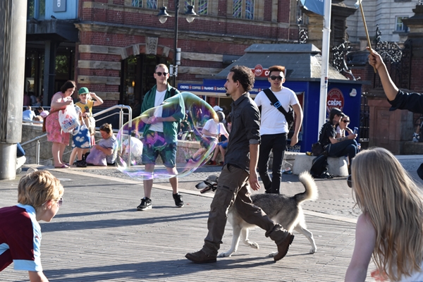  This guy blowing enormous bubbles had a captive audience - both children and adults 