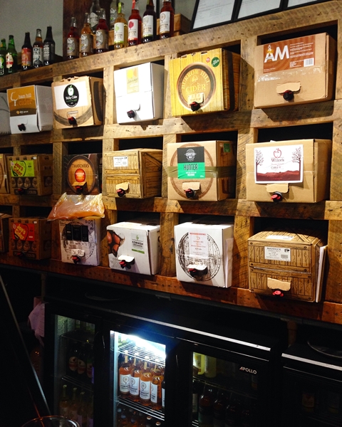  The Shed - a bar/restaurant chain that specialises in pizza, pies and cider where we had a late lunch. &nbsp;Marcie had the cider sampling board.&nbsp; This is a wall of local ciders!! 