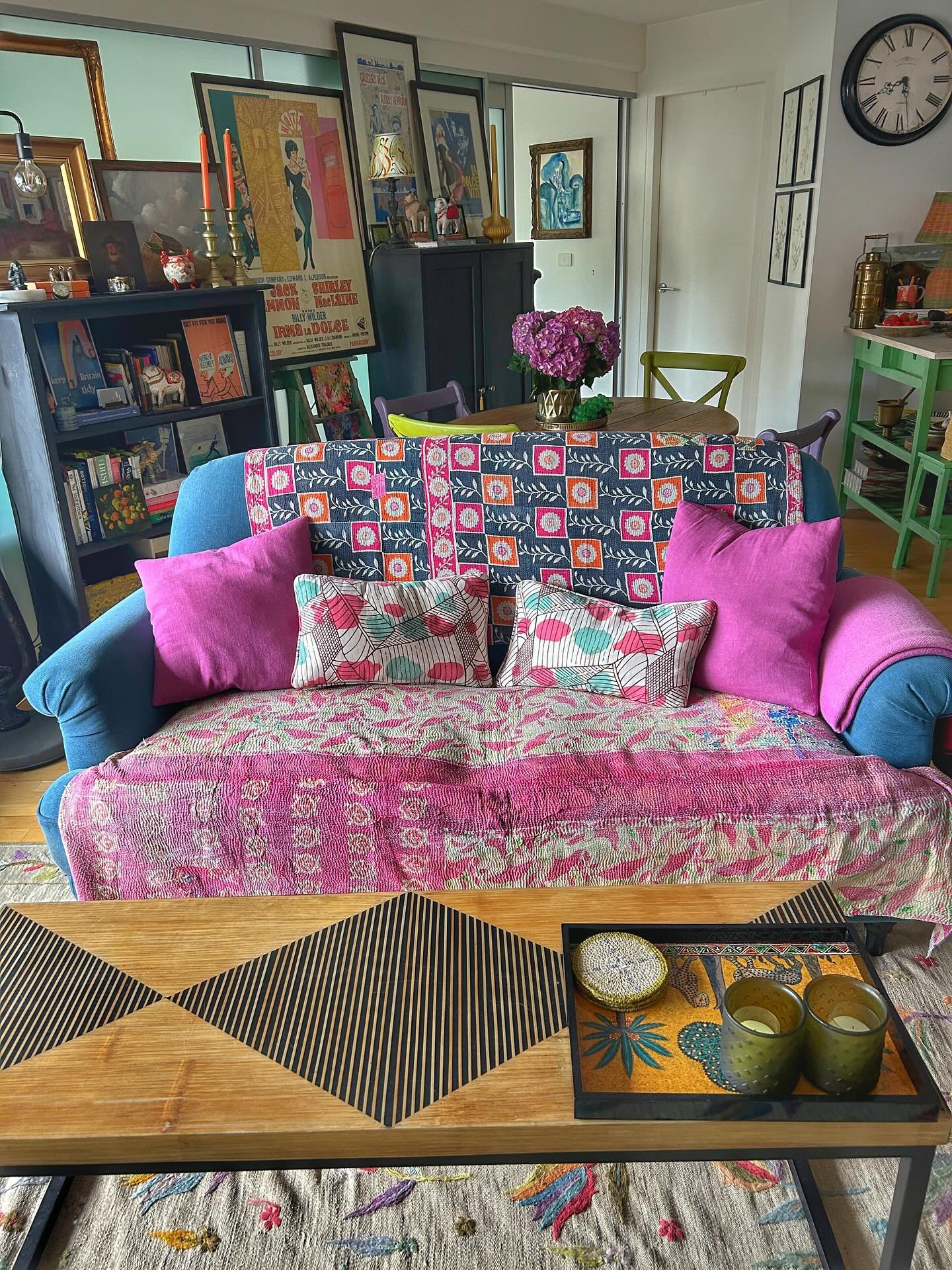 Spot the new kantha on the back of the sofa. It&rsquo;s another from @clothshoplondon (that makes six!). I couldn&rsquo;t resist buying it when I was back home recently; the colours and pattern are so beautiful. Before you comment, I know the flowers