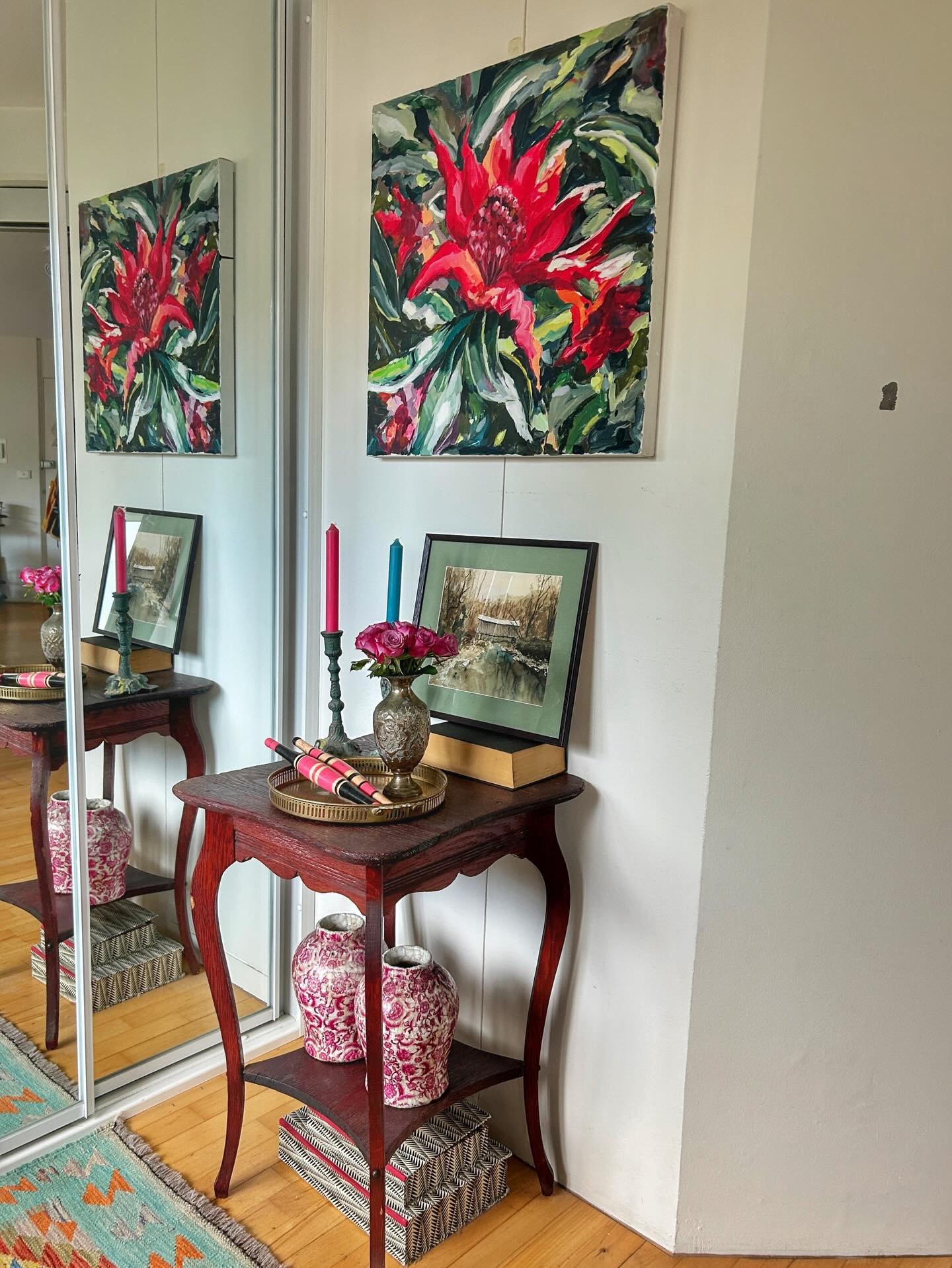 I&rsquo;m not a fan of mirrored wardrobes but they seem to be in most rentals here. At least this part of the wardrobe reflects the little table I found on the pavement outside my apartment building. The large oil is by my friend English @sarahwaghor