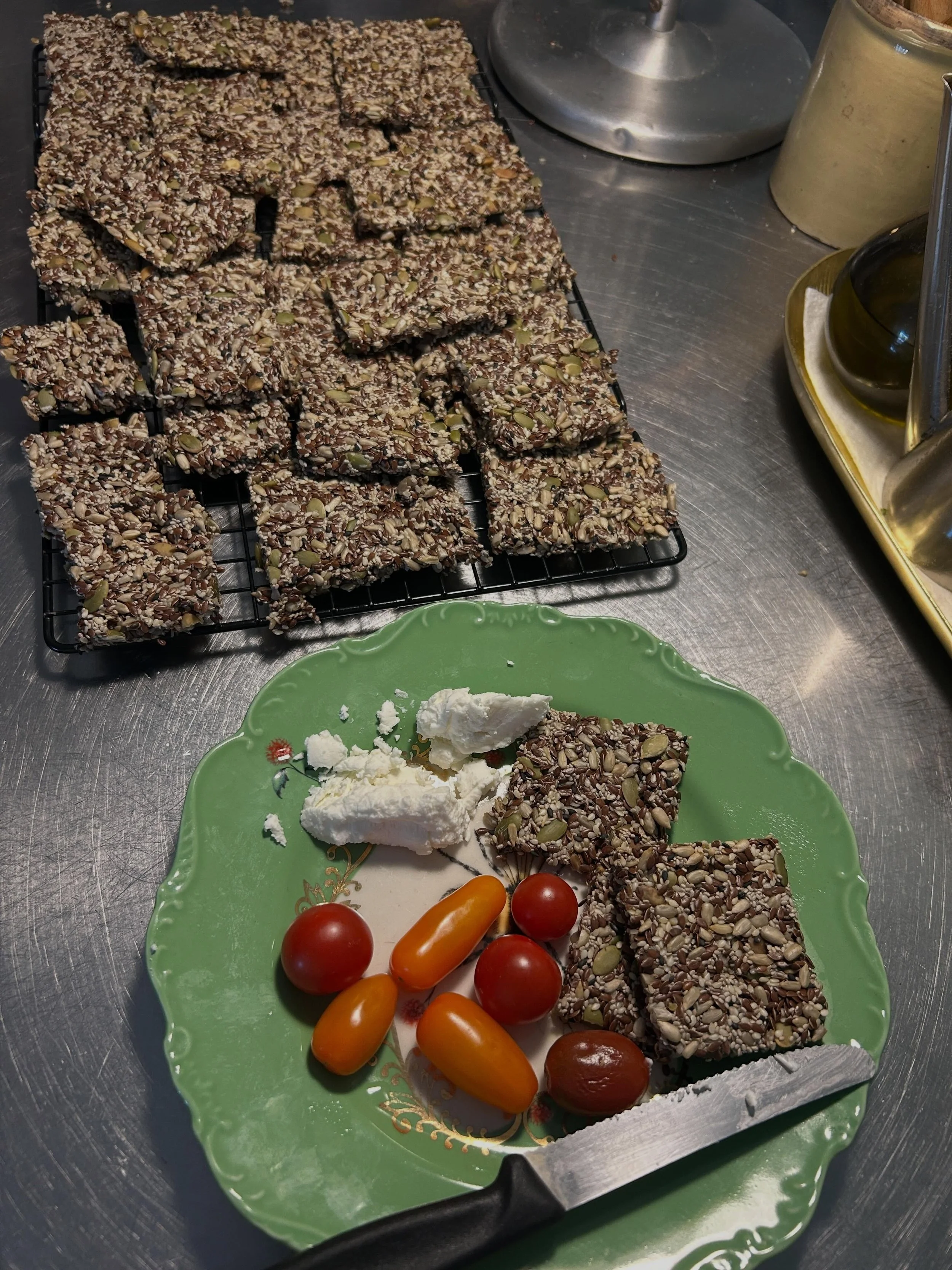 My naturopath English friend @poppyosprey who lives in Sydney has created the recipe for these fabulous seeded crackers which I made a couple of days ago. Basically they are seeds and water and you cook them in the oven. The recipe is on one of her r