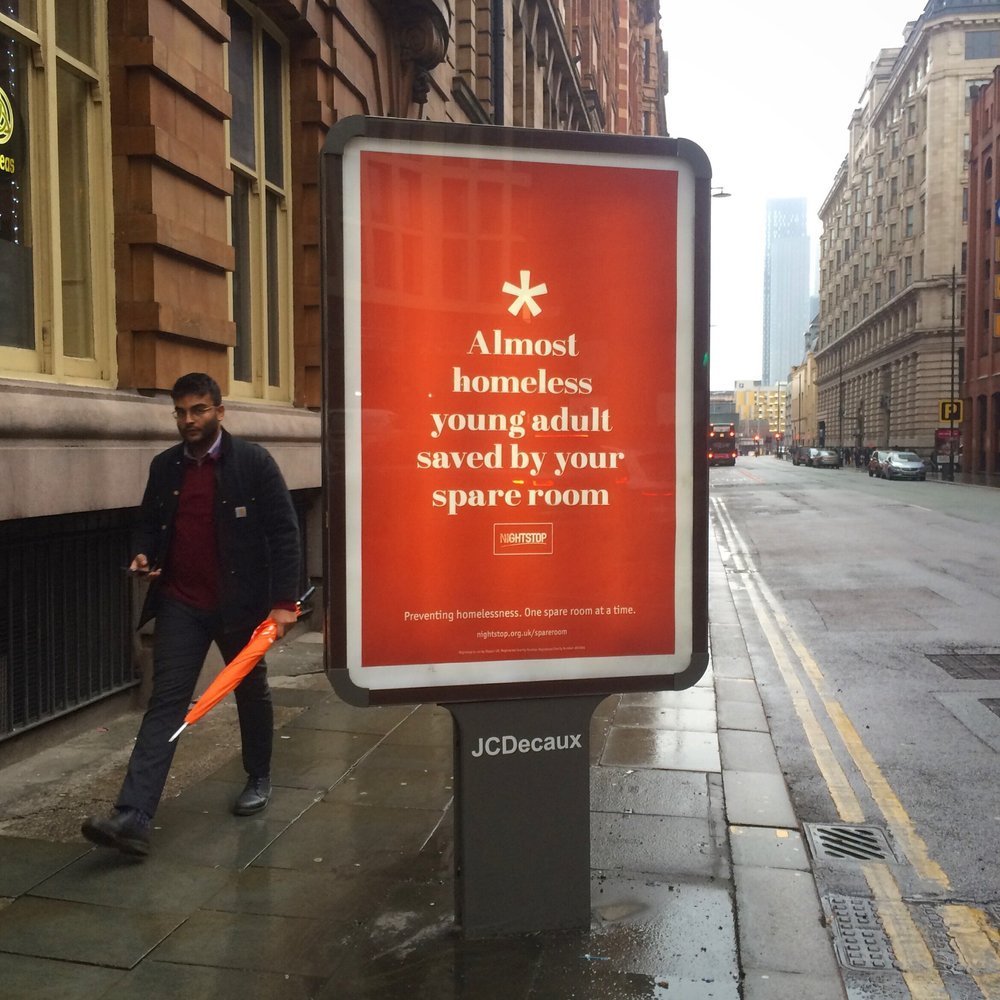 Charity, bus shelter advert, Manchester