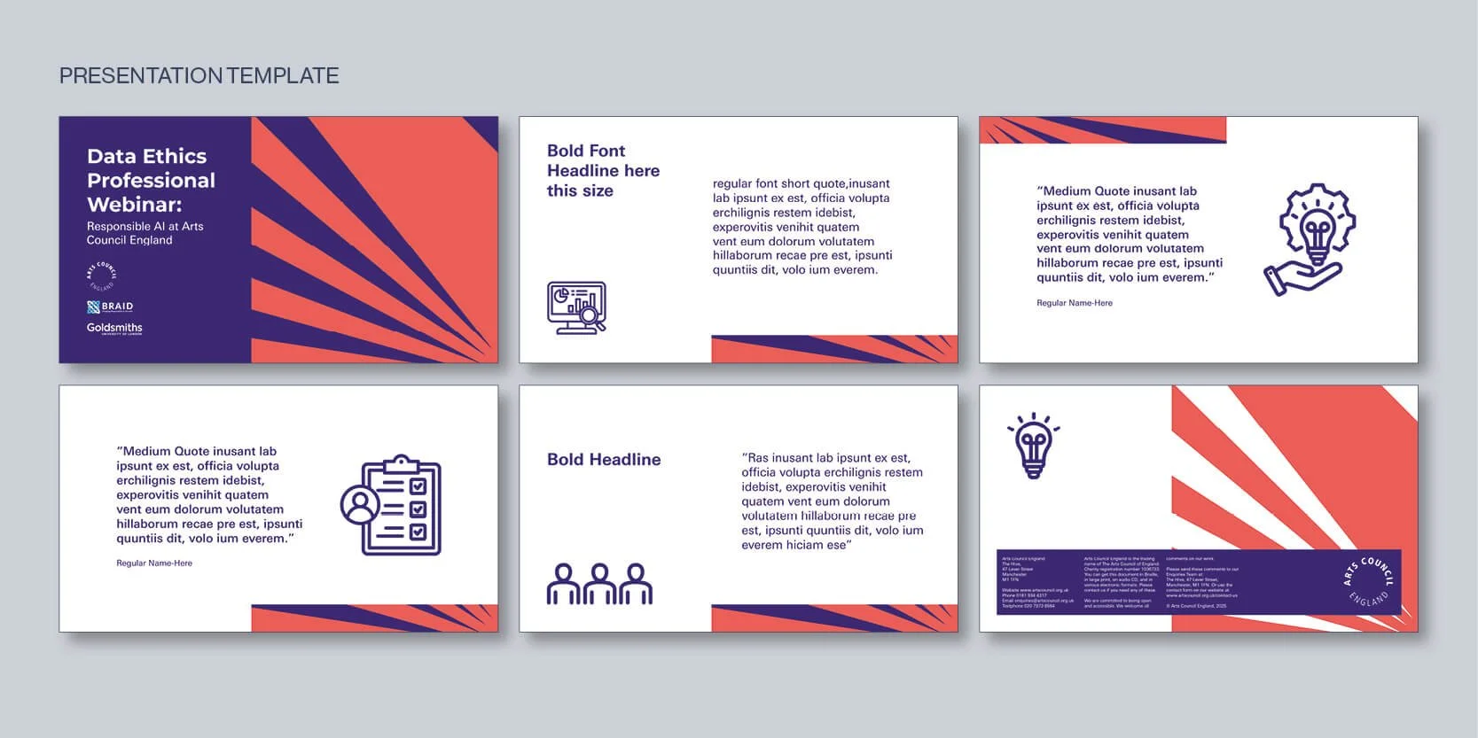 Arts Council England presentation template system with structured slide layouts and consistent typography