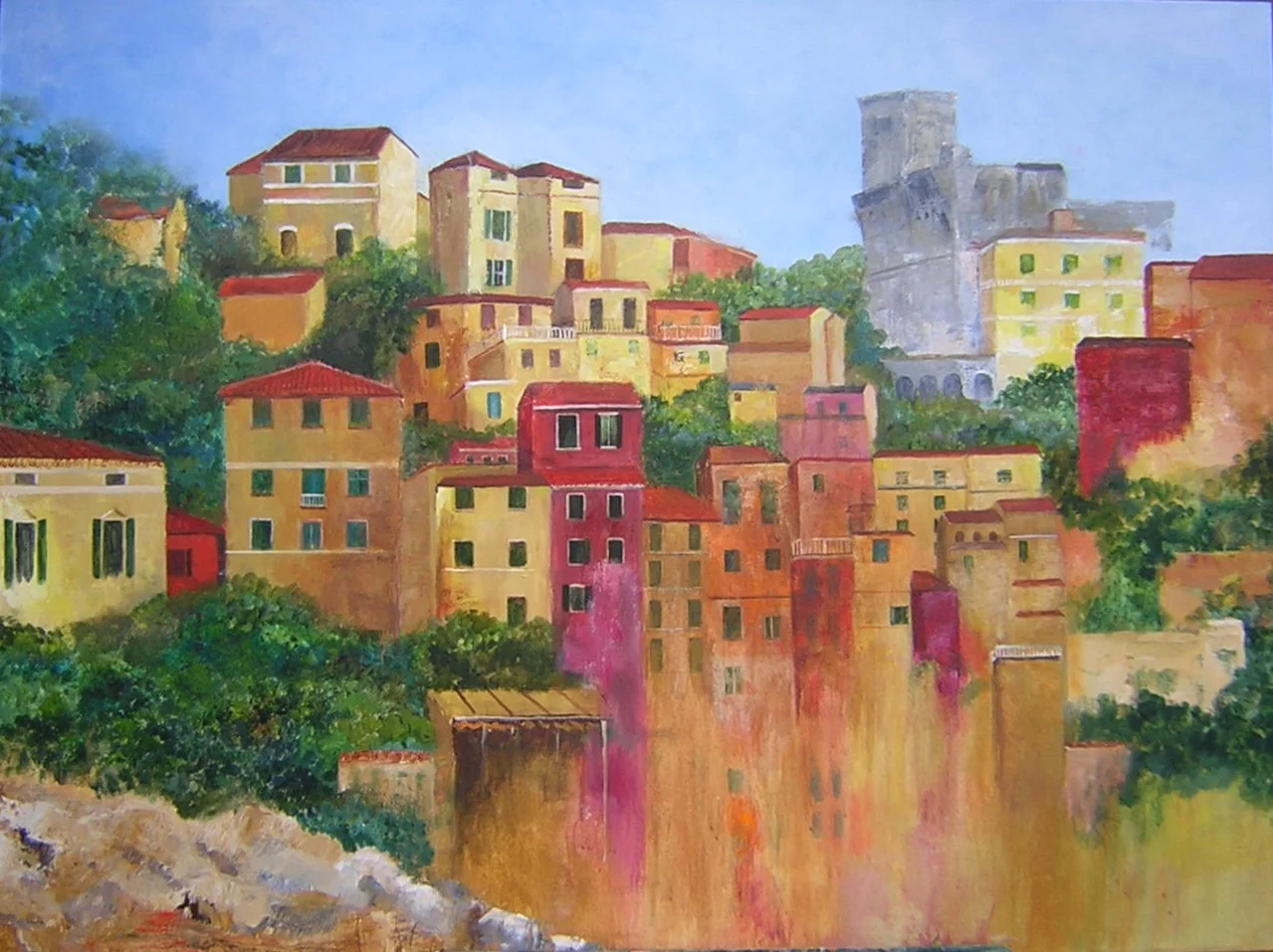 HILLSIDE TOWN Mixed Media 20" x 24"
