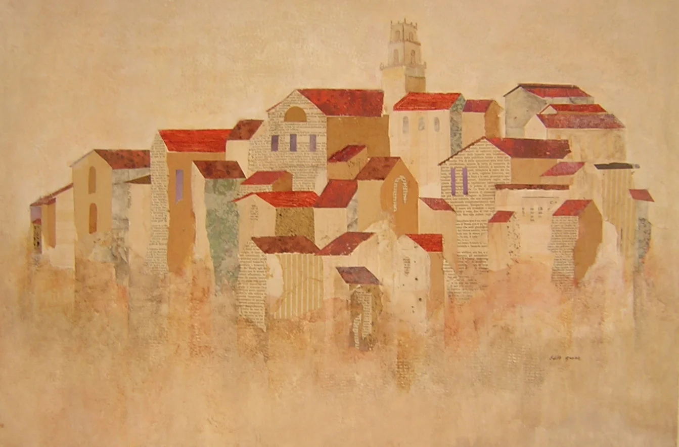 HILLSIDE TOWN TILE ROOFS Mixed Media 24" x 36"