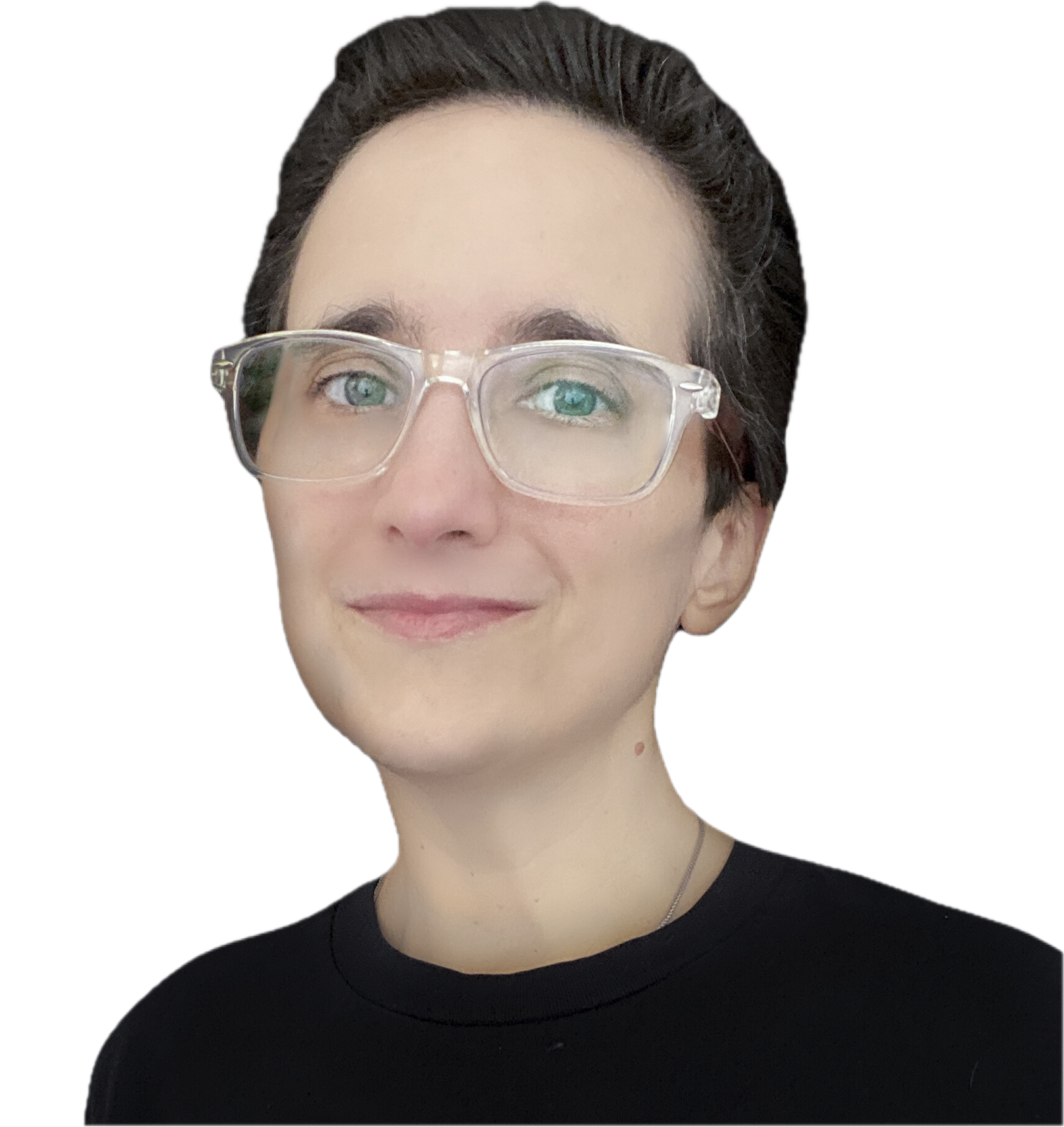 portrait of heather petropoulos, creator. with short dark hair, wearing clear glasses and a black top, smiling softly against a black background.