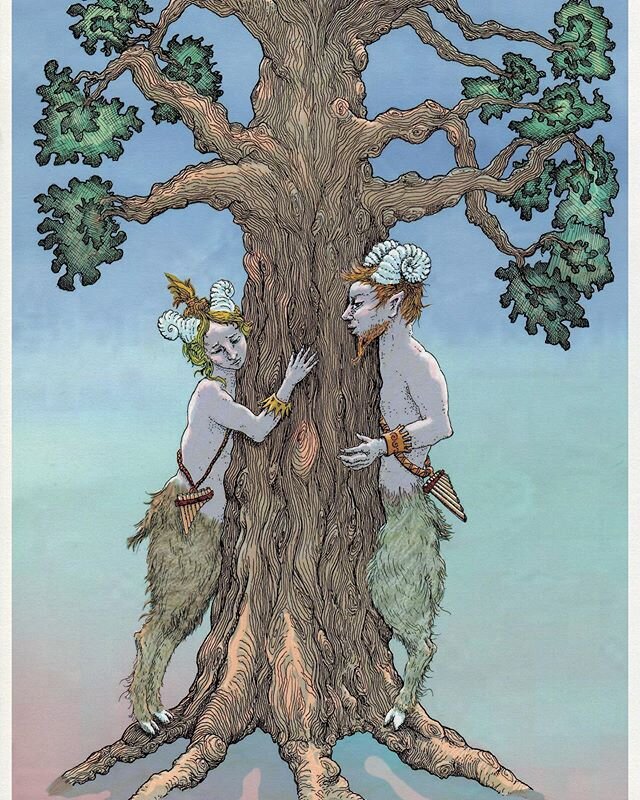 It&rsquo;s being said that fauns have intimate conversations with trees... #illustration #instaart #faun #boekvanwonderlijkewezens #hetboekvanwonderlijkewezensdiewerkelijkbestaan #talkingtotrees #mithology #listentotrees #creature #bestiary #bestiari