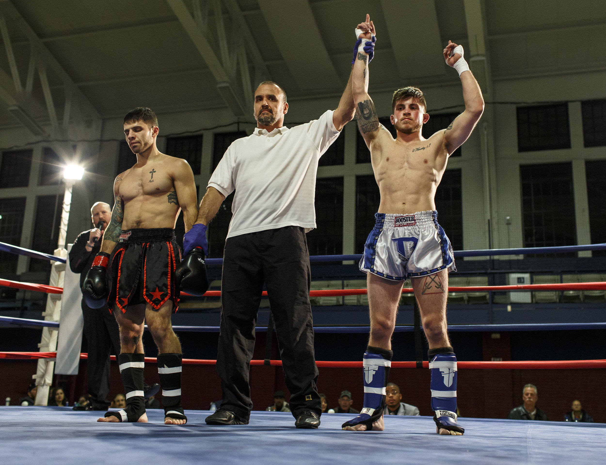 Nikolai Gionti raises his hands after winning the co-main event bout against Vanyo's Billy Freedson at the Goodyear Hall in Akron, Ohio on Wednesday, Nov. 23, 2016. 