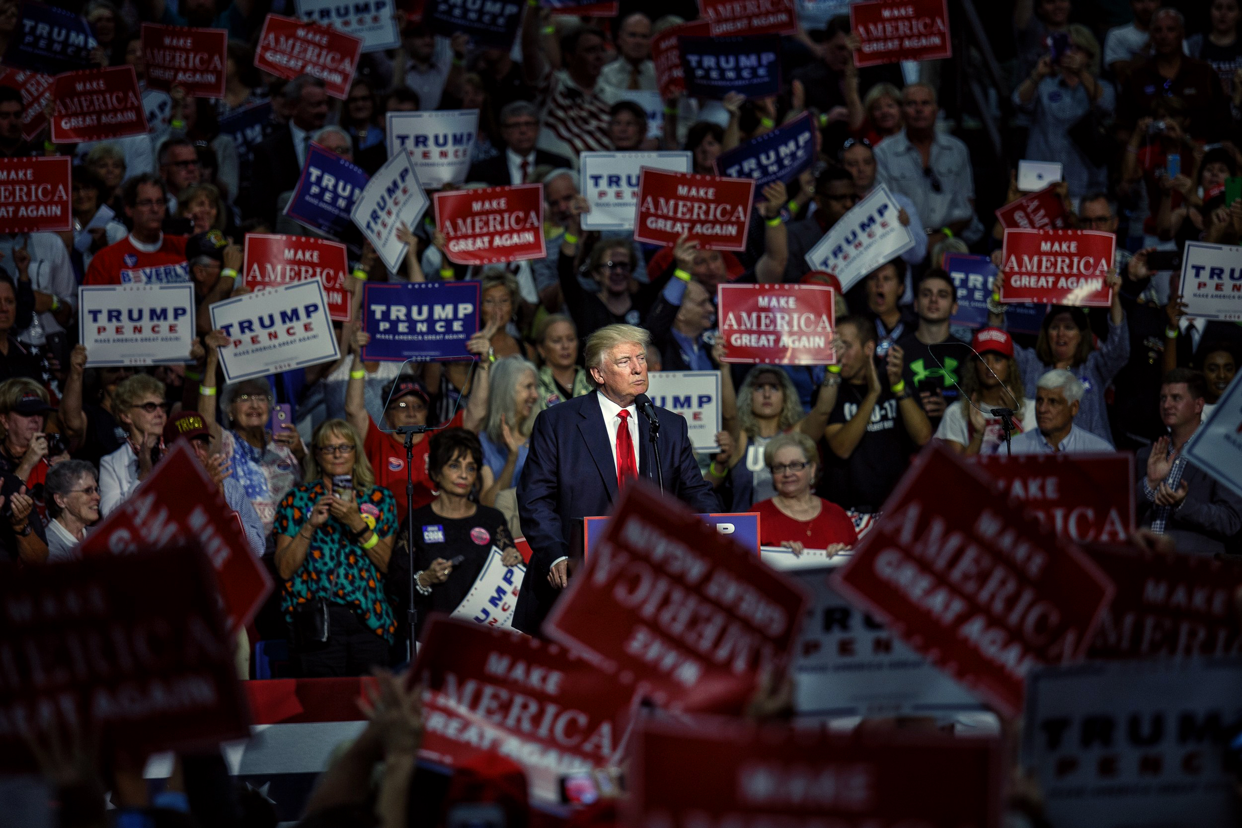  Republican presidential nominee Donald Trump speaks to supporters during his rally at James A. Rhodes Arena in Akron, Ohio on Monday, Aug. 22, 2016. 