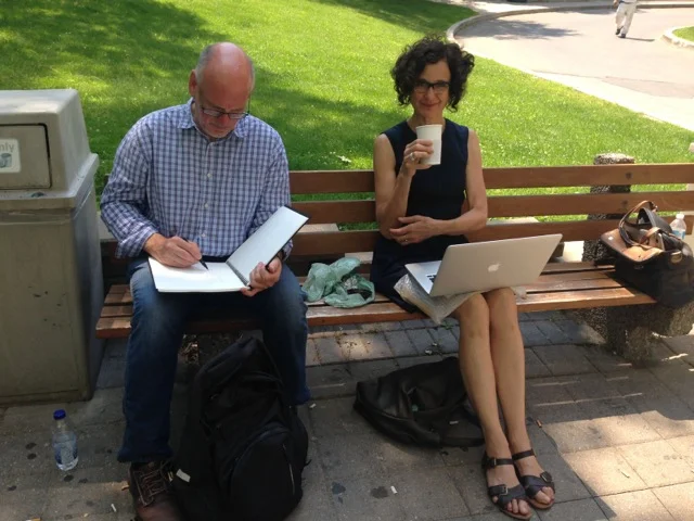 Artists Andrew Carnie and Alexa Wright enjoy a coffee break.