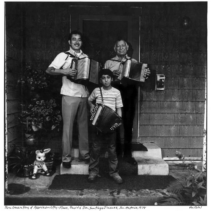 Three Generations of Acordeonistas, San Antonio, Texas, 1978. Flaco, Don Santiago, and David Jimenez. The image is featured in Michael Corcoran's new book, "All Over the Map—True Heroes of Texas Music"