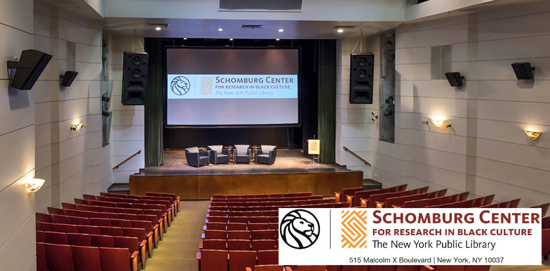 Sound system integration, tuning, UX, for the Schomburg Center Theater, Harlem, NYC.