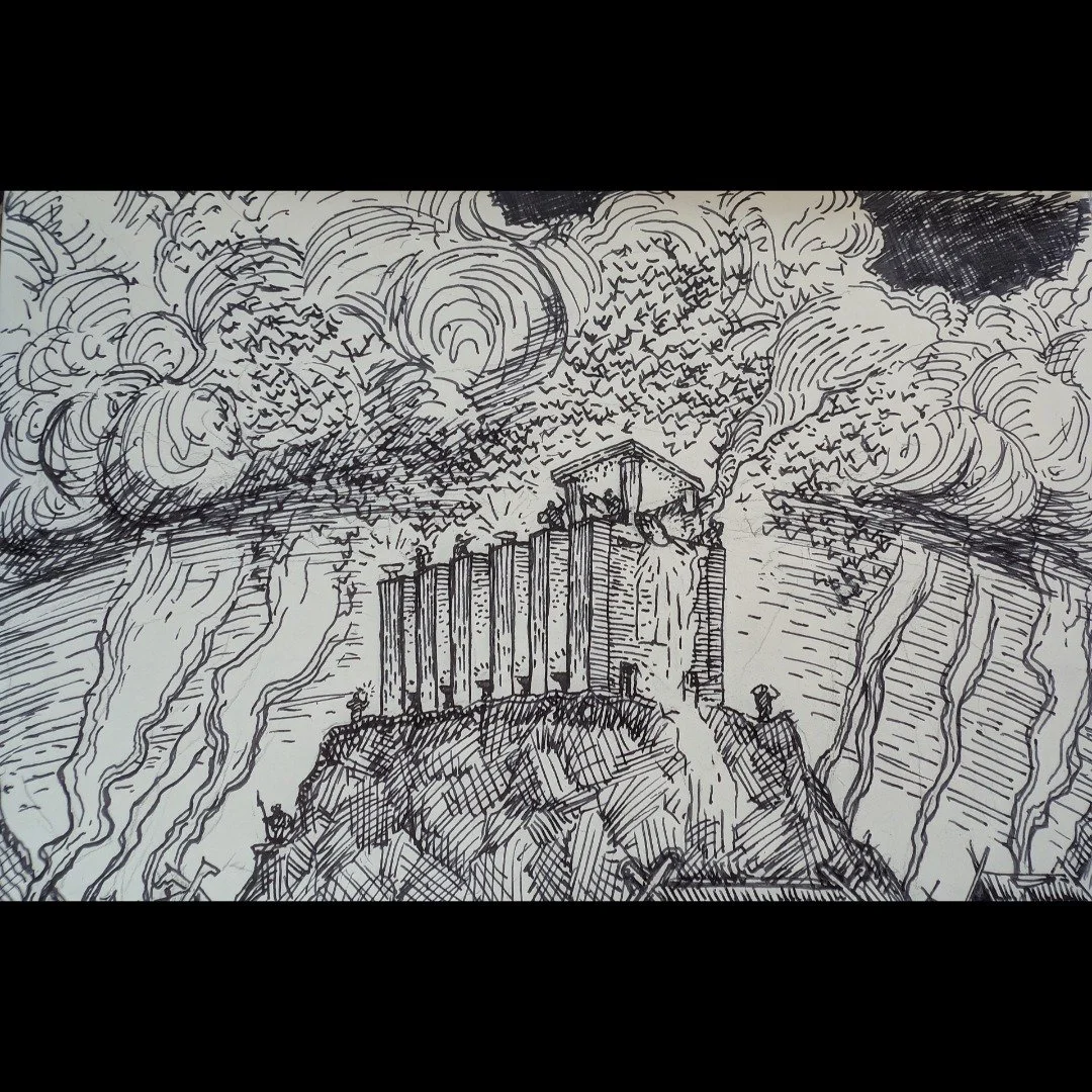 Breaking of the Brazier
.
Got a new pen for xmas and have been having fun with it. Scene is from my dnd campaign where the heroes break the great brazier on the heathen temple keeping the Gods away from the city. Odin's crows descend from the storm.
