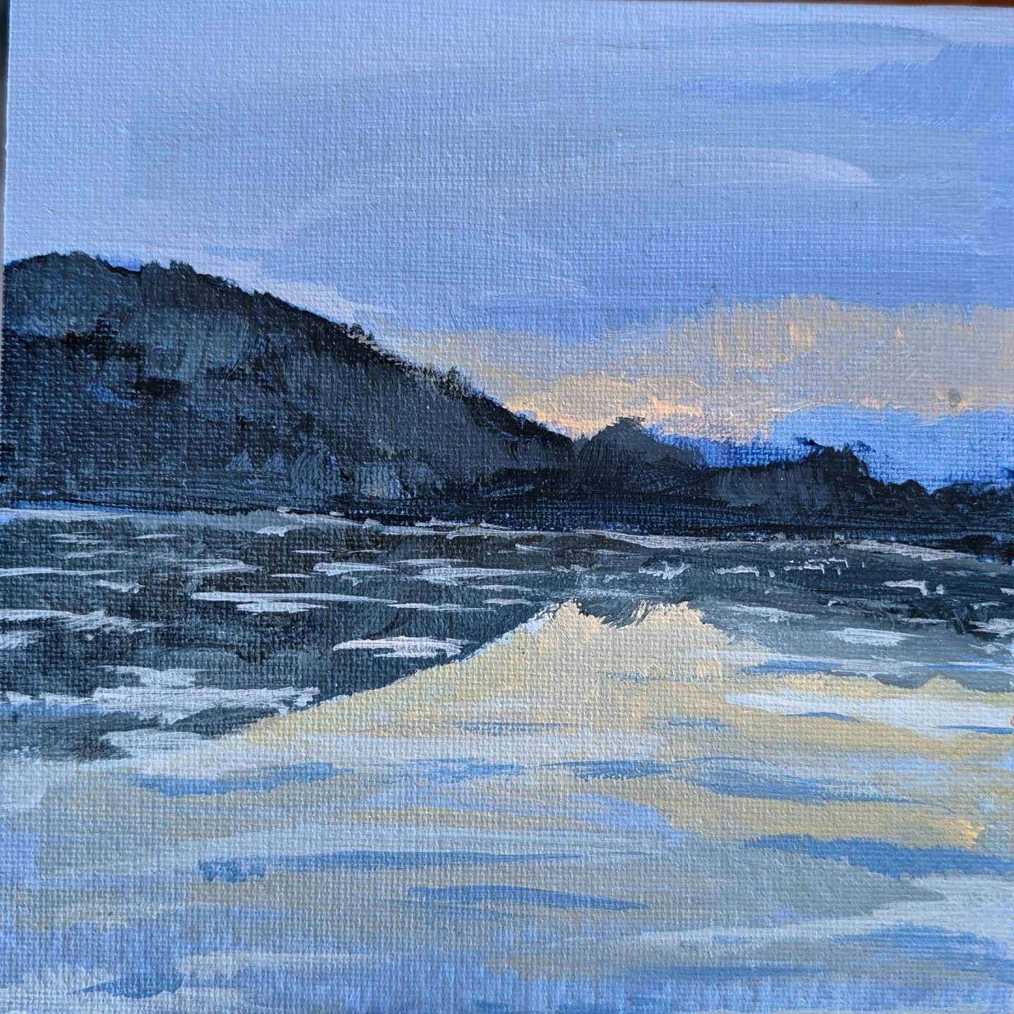A little winter landscape painting of the frozen lake before the snow came. The ice on the top had melted just enough for some beautiful reflections to pop up with little snow drifts peaking out from underneath.
.
.
.
#cameronbyeart #painting #landsc