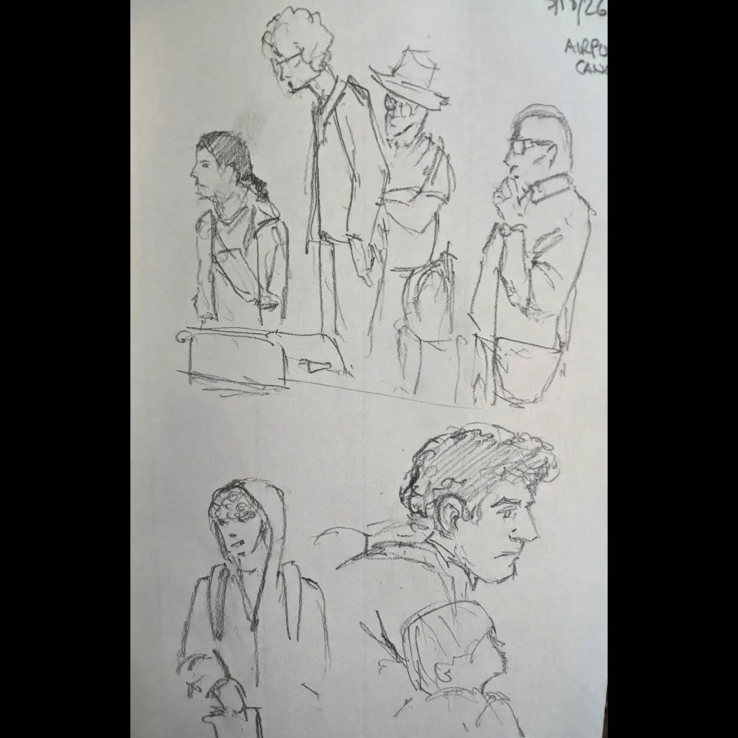 Some sketches from recent travels abroad: people waiting for luggage at the airport, local birds and attempts to transcribe their calls, and some friends @lmccabe76 @annika_1117 @laineylines 
.
.
.
#sketchbook #drawing #gesturedrawing #pencildrawing 