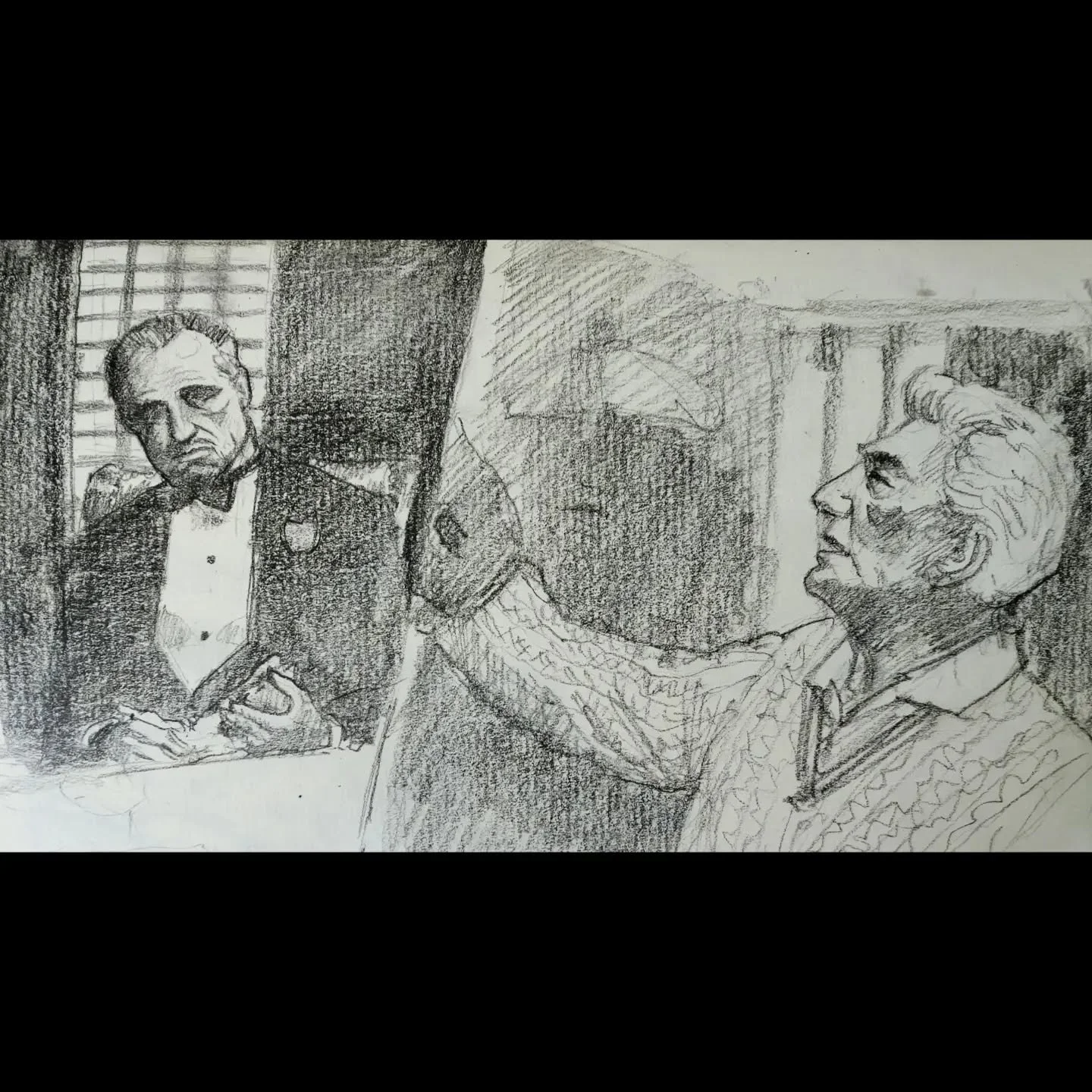 Watched The Godfather in the plane, did a sketch. Beautiful shots left and right in that film...
.
.
.
#CameronByeArt #sketchbook #thegodfather #art #pencildrawing