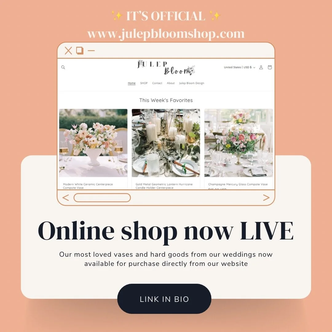 ✨ IT&rsquo;S OFFICIAL ✨
We&rsquo;re beyond excited to announce that our ONLINE SHOP is finally LIVE!! ✨
We can&rsquo;t wait for you to explore everything we&rsquo;ve been working on behind the scenes. Our favorite Julep Bloom wedding vases, vessels, 