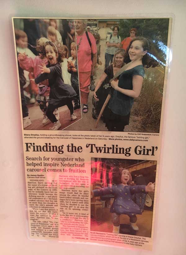 There are articles that line the walls in the carousel building with the story of the twirling girl. She has ridden the carousel many times!